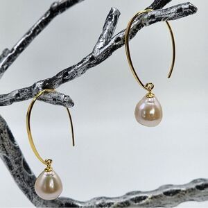 925S‎ Cultured Freshwater Pearl Dangle Threader Hook Earrings Gold Plated
